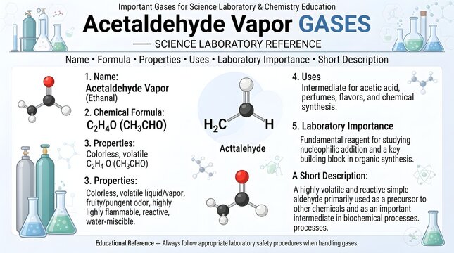 Acetaldehyde vapor gas science laboratory reference poster showing formula CH3CHO, ethanal structure, aldehyde reactivity, fruity odor, oxidation behavior, acetic acid production, flammability risks, 