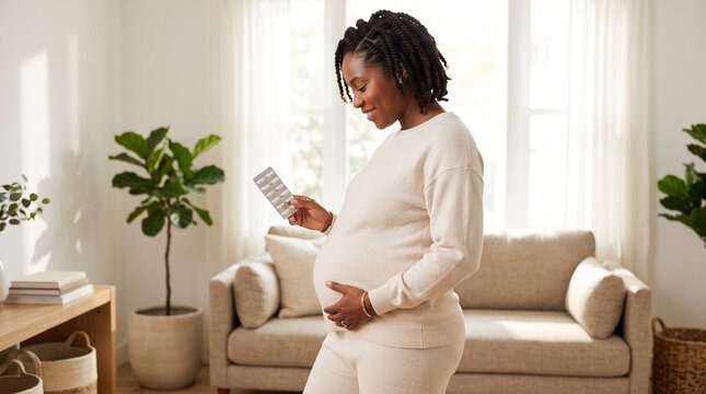 Pregnant Black Woman Looking at Prenatal Vitamins