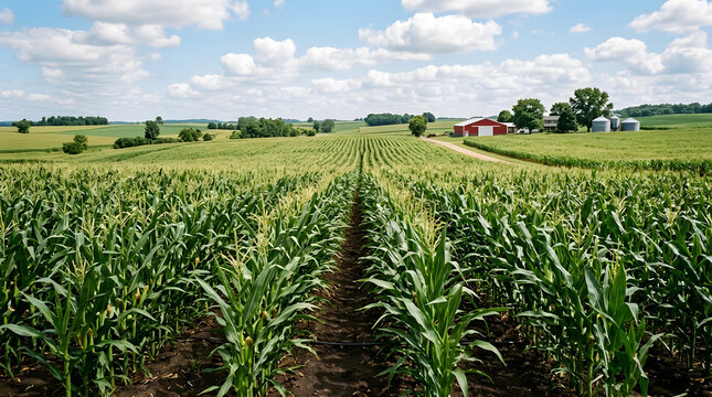 Green corn crop rows leading to a rural farmhouse on the horizon with agriculture cultivation landscape countryside agrarian agricultural agribusiness production sunlight environment