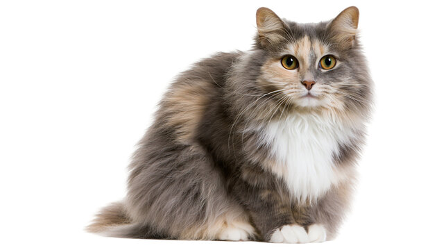 Fluffy long haired calico cat with grey and orange patches sitting