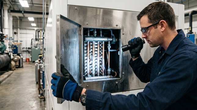 HVAC Technician Inspecting Industrial Refrigeration Unit