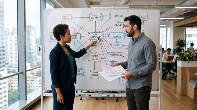 Software engineers discussing system architecture on whiteboard