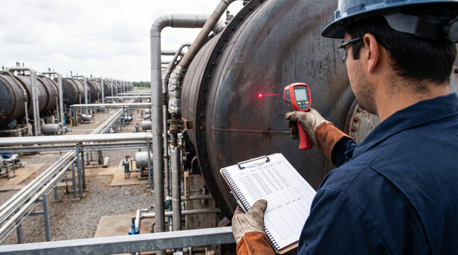 Engineer Measuring Tank Temperature at Industrial Plant