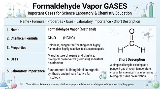 Formaldehyde vapor gas educational laboratory reference chart presenting formula CH2O, methanal structure, pungent odor, resin manufacturing uses, sterilization roles, irritant toxicity, and safety pr
