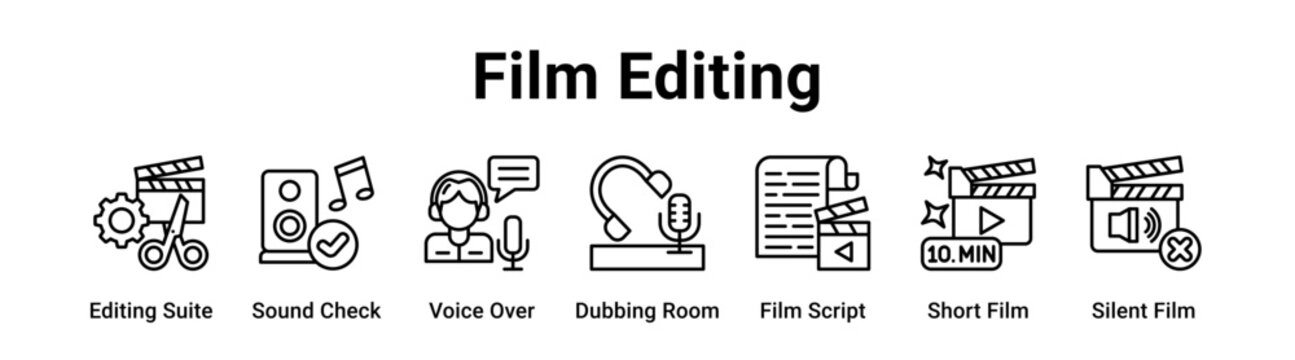Film Editing web banner icon vector illustration concept for entertainment with icon of Editing Suite, Sound Check, Voice Over, Dubbing Room, Film Script, Short Film.