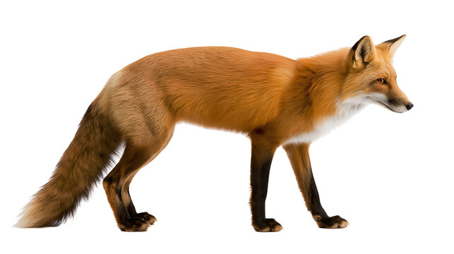 Full body side view of a standing red fox with thick orange and white fur