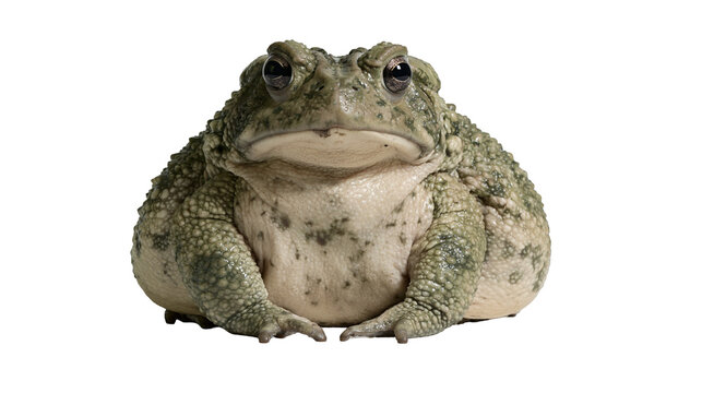 Large bumpy green and beige American toad sitting in a front facing position