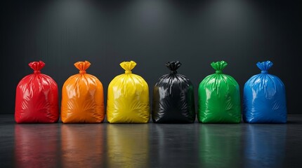 Obraz premium Six colorful garbage bags in a row against a dark background for waste sorting and recycling.