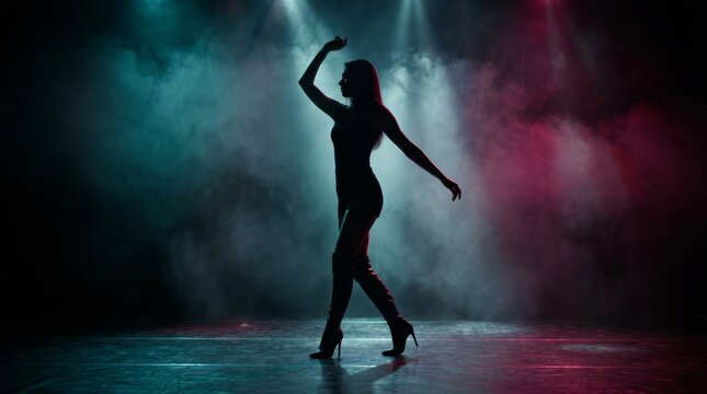 Silhouette of a woman in high heels dancing gracefully on a smoky nightclub stage.