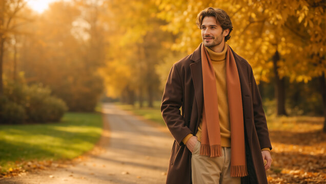 Stylish young man walking on path in autumn park. Handsome caucasian guy wearing brown coat and scarf outdoors. Fall fashion lifestyle