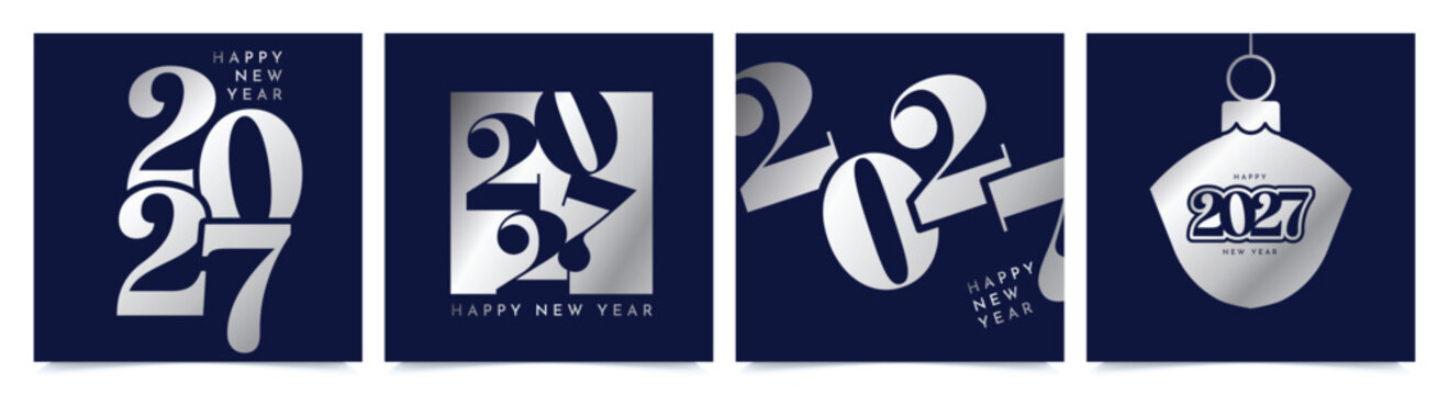 Luxury Navy Blue and Silver Happy New Year 2027 Minimalist Greeting Cards Set