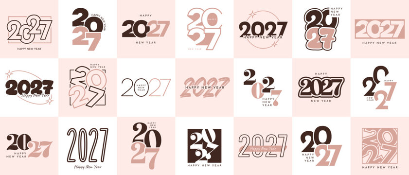 Happy New Year 2027 Typography Elements Muted Rose and Chocolate Retro Logotype Set