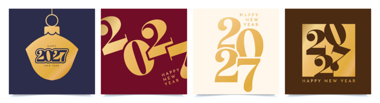 Modern Classy Color Palette and Gold Happy New Year 2027 Typographic Greeting Card Set
