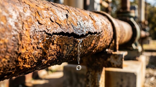 Rusty metal pipe with a large hole and water leaking through a corroded surface.