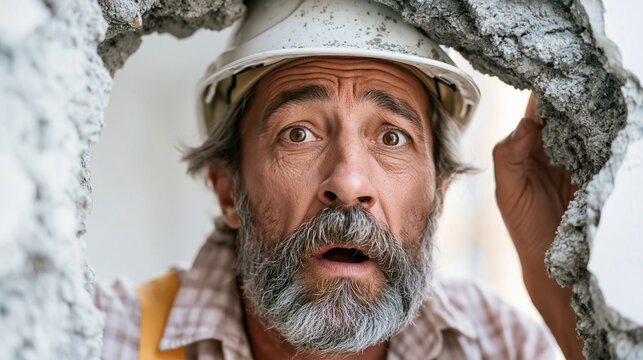 An anxious elderly man wearing a helmet looks through a hole in the wall.