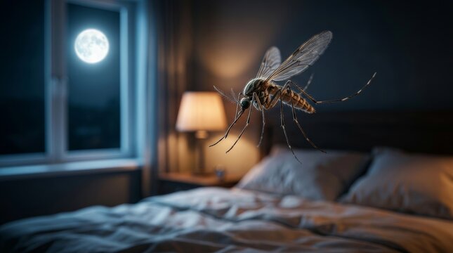 A large mosquito flying in a dark bedroom with a full moon visible through the window.