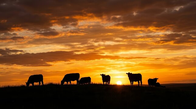 Silhouette of cows grazing on a pasture against a vibrant orange sunset sky.