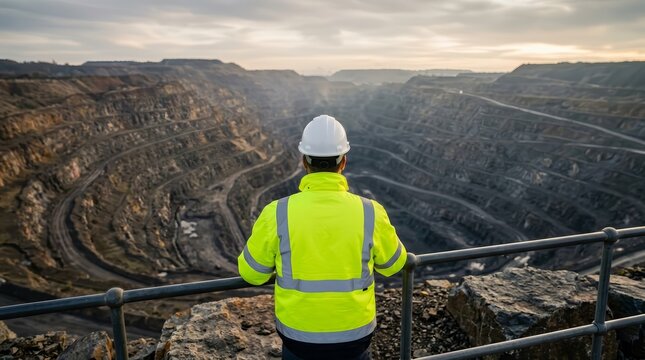 Mining engineer in a safety helmet overlooking a massive open pit quarry operation.