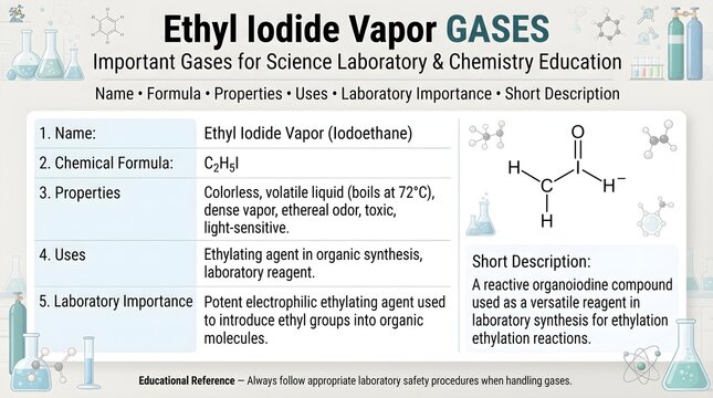 Ethyl iodide vapor gas science laboratory reference poster featuring formula C2H5I, iodoethane structure, alkyl iodide properties, ethylation reagent uses, volatility, toxicity hazards, and safe handl