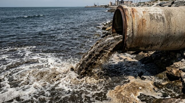 Industrial sewage pipe releasing contaminated wastewater into the ocean.
