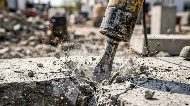 Jackhammer chisel breaking concrete with flying dust particles in a close-up shot.