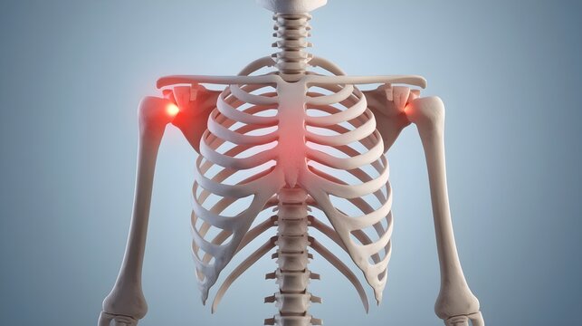 Anatomical illustration of painful shoulder joint with inflamed muscles and bones