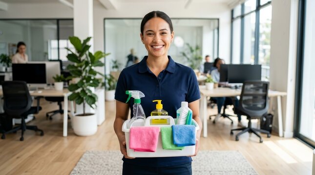 Smiling female cleaner holding a cleaning caddy with supplies in a modern office setting.