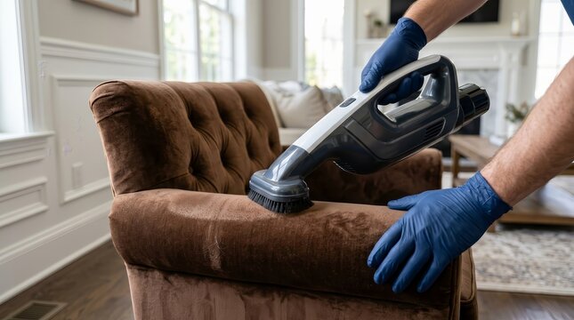 Person cleaning a brown upholstered armchair using a vacuum attachment tool.