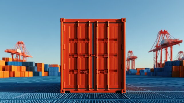 Intermodal container flat design front view port terminal 3D render Triadic Color Scheme. 