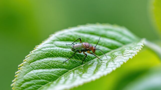 A predatory insect is released on a pear leaf in an orchard for organic pest control. The scene shows a soft green backdrop.