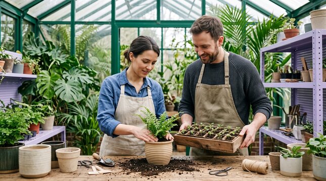Colleagues tend seedlings in a greenhouse studio