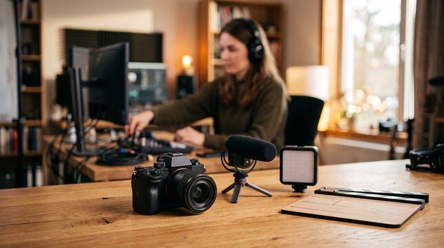 Professional camera equipment set up on a wooden desk with a content creator in the background