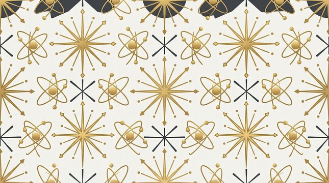Mid century modern atomic starburst pattern with retro science symbols and shapes