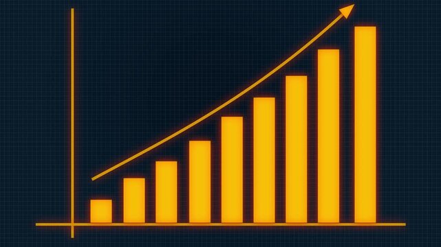 A digital Bright Golden Orange chart representing growing business performance, futuristic style. animated  graph steadily increasing on a pure  background, thin orang arrow slide