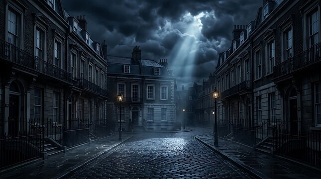 Dark victorian street at night with moonlight