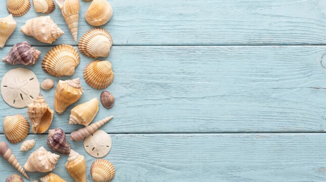 A collection of assorted seashells rests on a weathered light blue wooden plank background shellfish mollusks gastropods