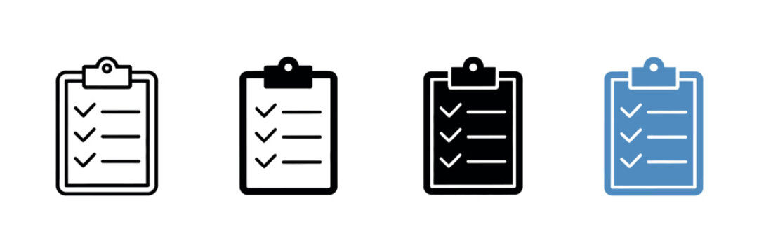 Clipboard checklist icon set. Survey list symbol. Vector pictogram for task management, completed audit, questionnaire report, inspection test, project plan and status check UI design.