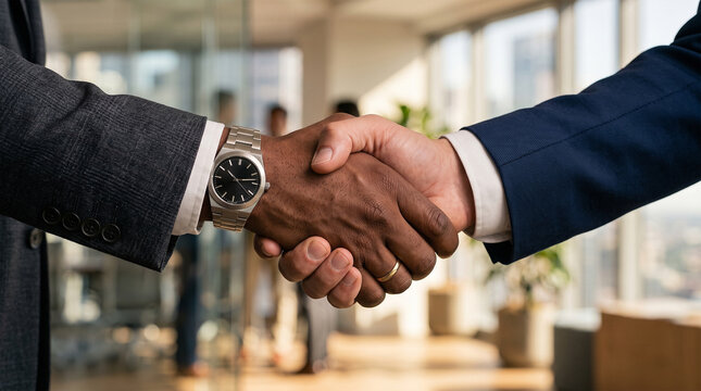 Professional business partners shake hands firmly inside a bright modern office setting wearing formal suits and wristwatches to demonstrate a successful corporate agreement between diverse coworkers 