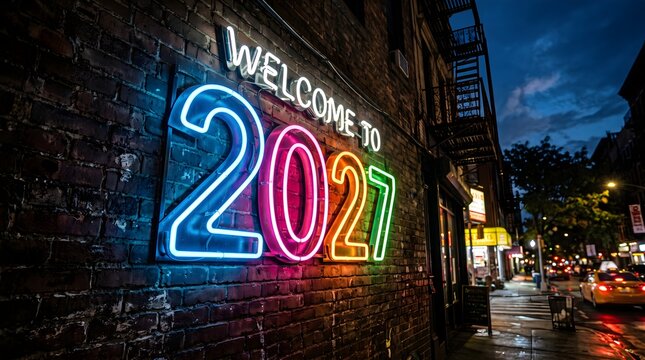 Urban Neon Wall Billboard Sign 2027 Welcome To City Night Scene