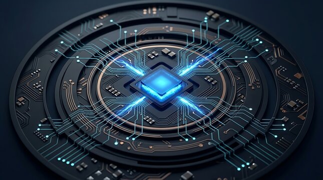 Futuristic circular microchip processor with glowing light