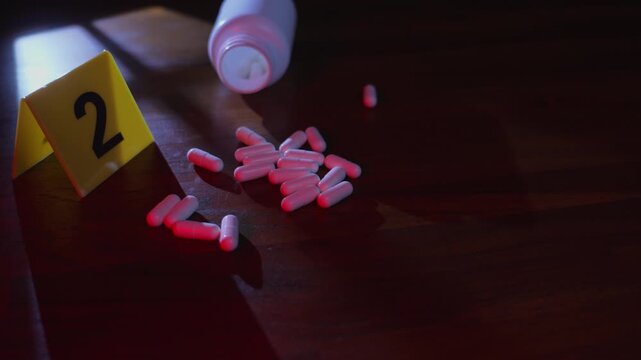 Crime scene documentation, a gloved hand placing a yellow marker beside scattered capsules on a wooden table under window frame shadows and police lights, mysterious mood, slow zoom in.