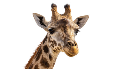 Close-up portrait of a giraffe head with distinctive patterned fur, isolated on transparent background © topngi