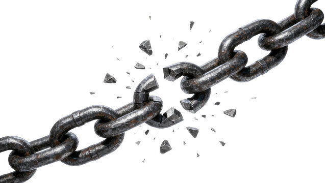 Heavy metal chain breaking apart with fragments flying, isolated on transparent background