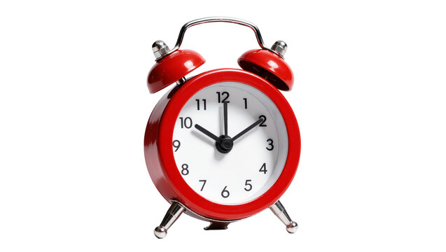 Classic red twin-bell alarm clock with white face, isolated on transparent background