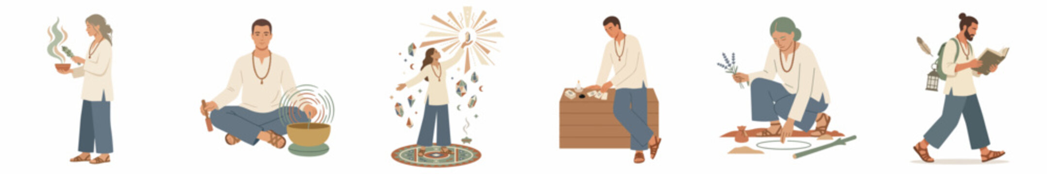 Collection of people practicing various spiritual and wellness activities like meditation, energy healing, tarot reading, and smudging for a holistic lifestyle.