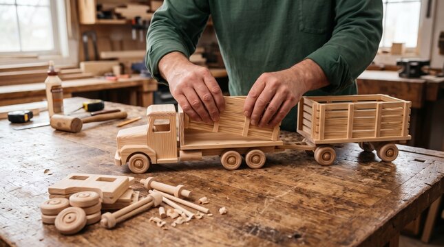 Carpenter assembling a wooden toy truck in a workshop.