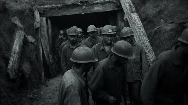 Exhausted coal miners covered in black dust walking out of a dark mine shaft. Gritty historical footage of industrial workers in hard hats. Hard manual labor concept