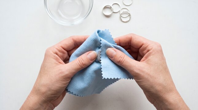 Hands cleaning a glass lens with a blue microfiber cloth.