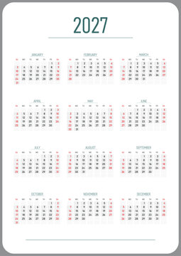 Minimalist 2027 yearly calendar template with the 12-month grid layout. Week starts on Sunday, weekends in red. Clean vector design for pocket calendar, poster or printable schedule.