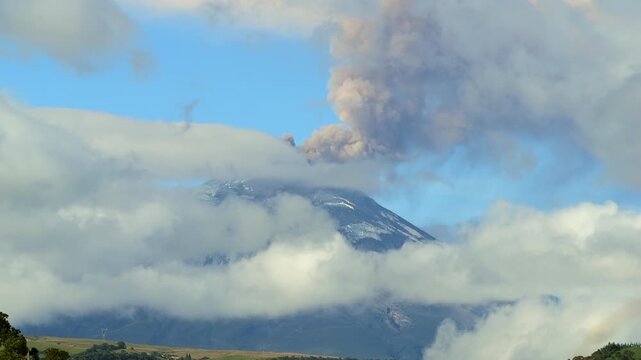 Cotopaxi Volcano, Ecuador, erupting, 12th of May 2023,. Volcanic ash is erupting from the crater. At 5897m altitude one of the world's highest active volcanoes.